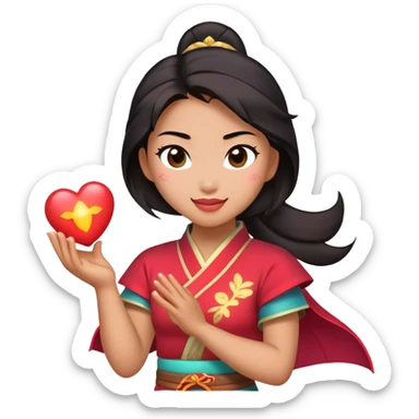 Cinematic Adorable Mulan Portrait Emoji, Playfully holding Cri-Kee in her hands, eyes sparkling with mischief, soft rosy cheeks, a warrior with a heart full of charm, radiant in the morning sunlight, glowing with warmth and joy! sticker