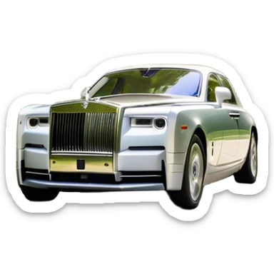 Rolls-Royce Phantom (2022) – cinematic-realistic Rolls-Royce Phantom emoji, its polished silver frame glistening under the sun as it glides down a winding, tree-lined road. The iconic Spirit of Ecstasy hood ornament stands proudly, the V12 engine hums silently as the car cuts through the serene countryside, embodying elegance and power. sticker