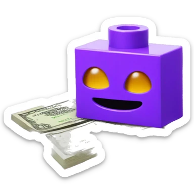 A PURPLE LEGO PIECE IN DE FRONT WITH SOME MONEY BAH BEHIND sticker