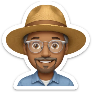 Brown man smiling not showing teeth, wide rimmed hat, clear glasses, gray goatee sticker