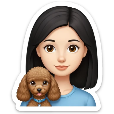 A girl with fair complexion with black long straight hair, dimples and brown eyes and miniature poodle sticker