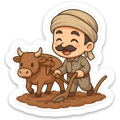 chibi cartoon sticker of a cheerful Kurdish farmer plowing the land with a cow using a yoke and traditional plow (نیر و ئامور) sticker