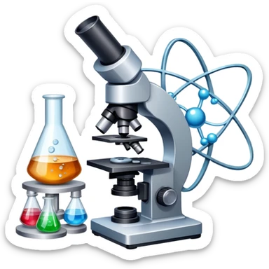 An icon featuring a microscope, a metal sample, and atomic structure symbols, symbolizing materials science. The design includes crystal lattices, polymers, and lab tools, representing the study of material properties and engineering. Transparent background highlights scientific analysis. sticker
