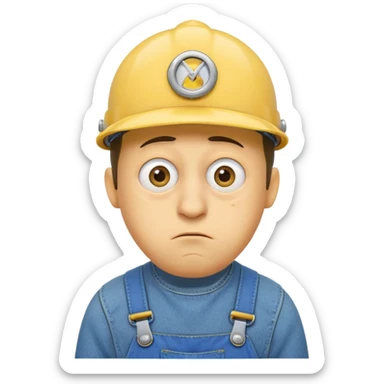 close up of a sad Minion face with expressive eyes, yellow skin, blue overalls, single tear, simple background sticker