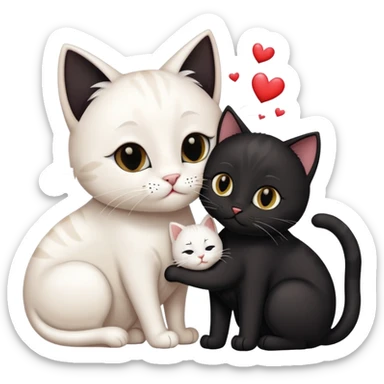 Big black cat is kissing a small white cat with hearts above sticker