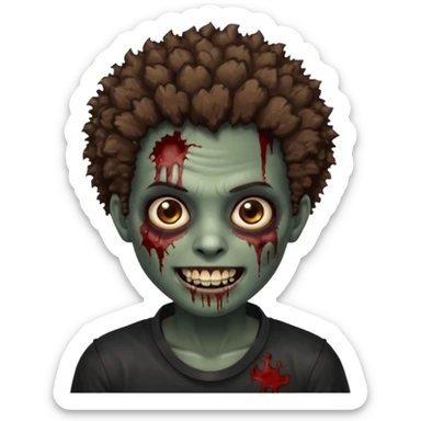 zombie with brown skin, short messy afro hair, wide centered brown eyes, dark bloody marks under the eyes, and a smile showing shiny metal teeth,black shirt, giving a distressed, undead look. sticker