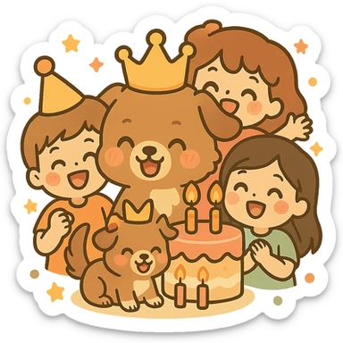 Add party guests around the dog, keeping the chibi sticker style, festive and cheerful, with no background. sticker