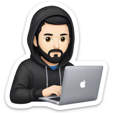 hackeur blanc cheveux noir barbe et capuche noir avec un macbook sticker