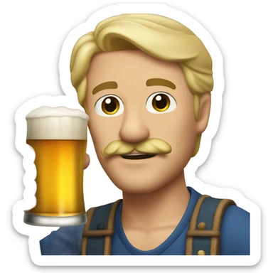 33  year old blonde guy with a mustache and a beer saying cheers sticker
