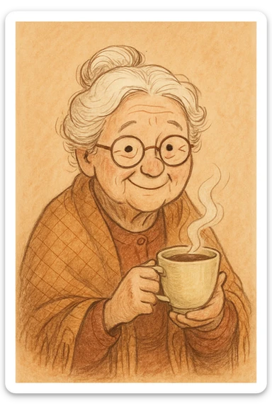 a very old lady grandma wearing glasses holding a cup of tea shawl over shoulders friendly illustration style sticker