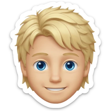 Emoji chlopak z blond włosami które będą rozsztrzepane i niebieskimi oczami uśmiechając się i większe wlosy sticker