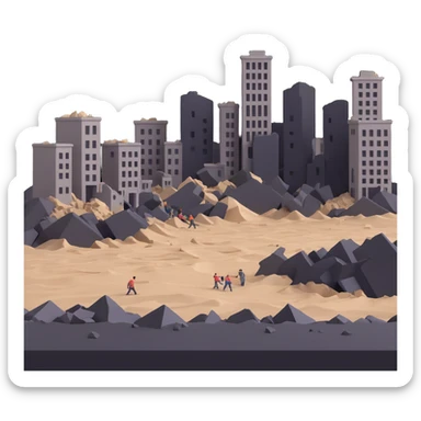 An earthquake shaking the ground, with cracked earth, falling buildings, and people in panic sticker