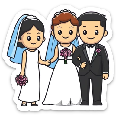 Person in fancy clothes sneaking into a wedding ceremony with a mischievous grin, uninvited guest sticker