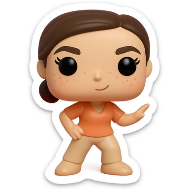 Create a Funko Pop style vinyl figure inspired by the reference image. The figure should have a peach-colored blouse, beige pants, dark brown bob haircut tied back, rosy cheeks, feminine eyelashes, light freckles, and a mischievous expression. The pose should be dynamic. No hat or accessories. Transparent background. sticker