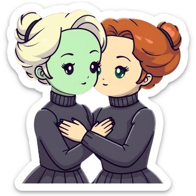 Two Victorian women with light green eyes embracing sadly. One has bright white coiffed hair, the other has dark copper coiffed hair. Both wearing Victorian turtleneck dresses, hugging tightly sticker