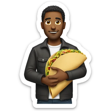 A man holding a taco sticker