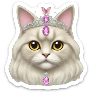 Persian cat wearing a tiara and necklace with a butterfly shaped pendant sticker