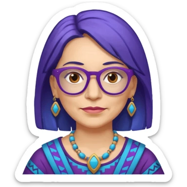 50-year-old woman with purple glasses, brown eyes, and Aztec blue shoulder-length hair sticker