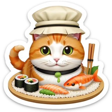 cat wearing a sushi hat with rice base, multiple fish pieces on top, wasabi accent, and soy sauce dripping, sushi hat with sauce sticker
