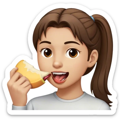 a person with brown hair in a pony-tail , biting someone sticker