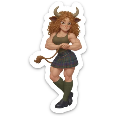 shy buff curly woman with frecles with light brown messy hair touches her long brown cow tail with both hands with strong fat thights with cow horns and cow brown ears with big butt in a short scottish kilt and with knee socks and shoes stands withcrossed legs sticker