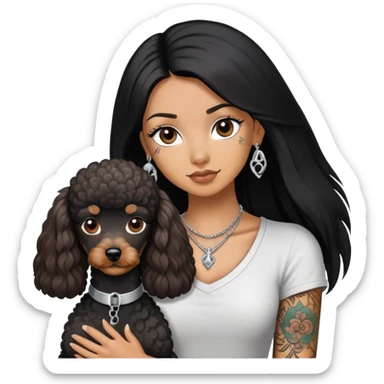 girl with long black  straight hair and tattoos and a  silver Yorkshire and a brown poodle sticker