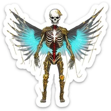 White skeleton zombie person covered in golden chains and black graffiti scribbles and red and silver doodles wings made of neon lightning snowing snowflakes sticker