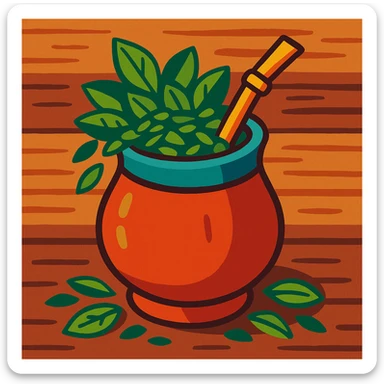 a mate gourd with yerba leaves spilling out, rustic wooden table background sticker
