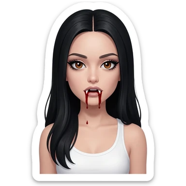 White woman with a white tank top long black hair glossy middle part long hair vamp look with fangs or blood dripping brown eyes eyeliner winged with lashes top and bottom sticker