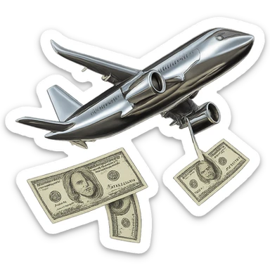 Transform the airplane into a 3D chrome metallic style, highly reflective and shiny. Keep the money green and realistic. Remove the background. sticker