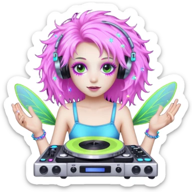  hard-techno-rave-fairy,-holding-a-dj-turntable,-wild-hair,-neon-sparkles,-minimal-background sticker