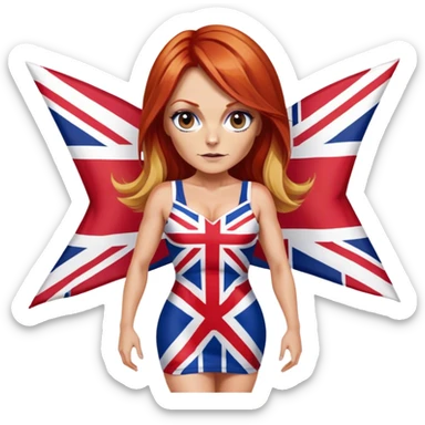 Geri Halliwell with red hair and blonde highlights wearing a short bodycon Union Jack flag dress sticker