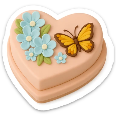 Make the butterfly smaller on the heart-shaped fondant cake with blue flowers, fondant cake art style, keep transparent background. sticker