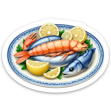 seafood on a porcelain platter with lemon  sticker