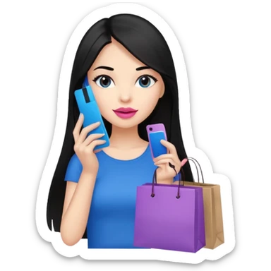 Girl with long black hair, pink lipstick, brown eyes on the phone holding shopping bags and blue credit card sticker