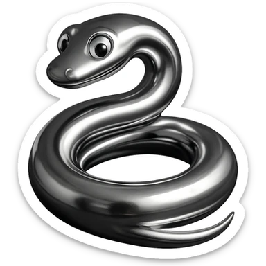 3D chrome snake, curled in a spiral, with a glossy chrome finish and cartoon eyes sticker
