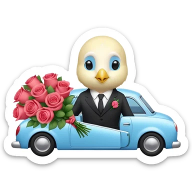 cute budgie in a car in a suit holding roses bouquet sticker