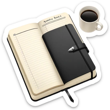 A classic black Moleskine notebook open to show an agenda page with meeting items and bullet points sticker