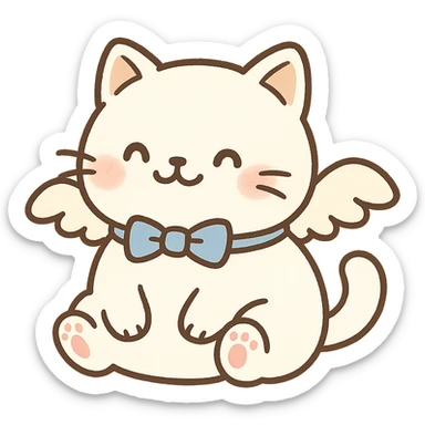 Add small angel wings to the cute chubby cat with a blue bow, white fur, tiny paws, and a smiling face. Keep the background transparent. The style should match the original image's look. sticker