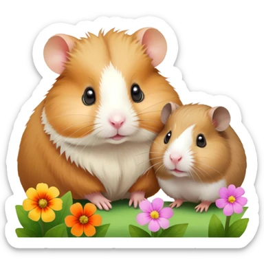 Icon for Hamster and Guinea Pig: A portrait-style collage with a fluffy hamster with soft fur, looking curious, and a friendly guinea pig with long, smooth fur, both on a soft green background with flowers and soft light. Transparent background. sticker