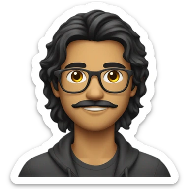 Indian teenager, with moustache and a goatee, with long wavy black hair, wearing glasses sticker