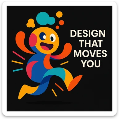 imaginative abstract mascot for a black website, playful and energetic, with thought bubbles and dynamic shapes to represent creativity and movement, vibrant colors, for a creative tech portfolio, includes the tagline 'Design That Moves You' sticker