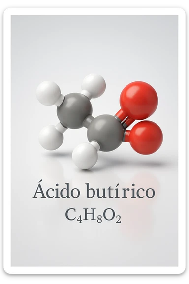 a detailed space-filling model of butyric acid, with each atom color-coded (carbon: gray, hydrogen: white, oxygen: red). The molecule is centered and slightly rotated to show depth, with a subtle reflection on the surface below. The name “Acido Butirrico” and the formula C4H8O2 appear as clear labels. sticker