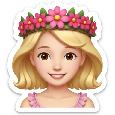 A girl with a flower-shaped crown smiling gently. sticker