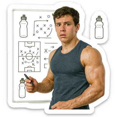young inexperienced athlete in front of a whiteboard with training schemes and drawn bottles, holding a pen, growing muscles, perplexed expression, realistic details, isolated on white background sticker