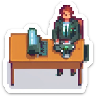 A person in a business suit working on a computer sticker