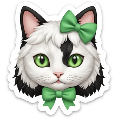 A black and white cat with green eyes she has a bow on her head she’s kinda fluffy  sticker
