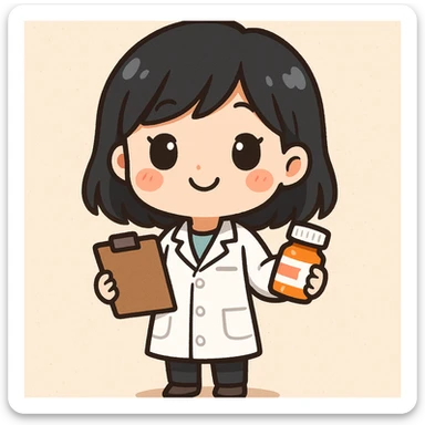 A chibi style young female pharmacist with black hair, wearing a white coat, holding a clipboard and a pill bottle, with a bright and friendly expression, full body, cute and colorful illustration. sticker