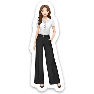 tailored palazzo pants for petite women, moderate wide leg, formal dress pants with button closure, shorter length, elegant office wear, only the garment on white background sticker