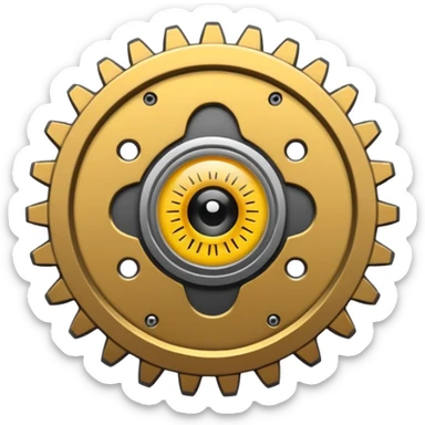 Minimalist emoji-style sticker of a mechanical gear with a realistic eye in the center. Flat graphic icon in grayscale. sticker